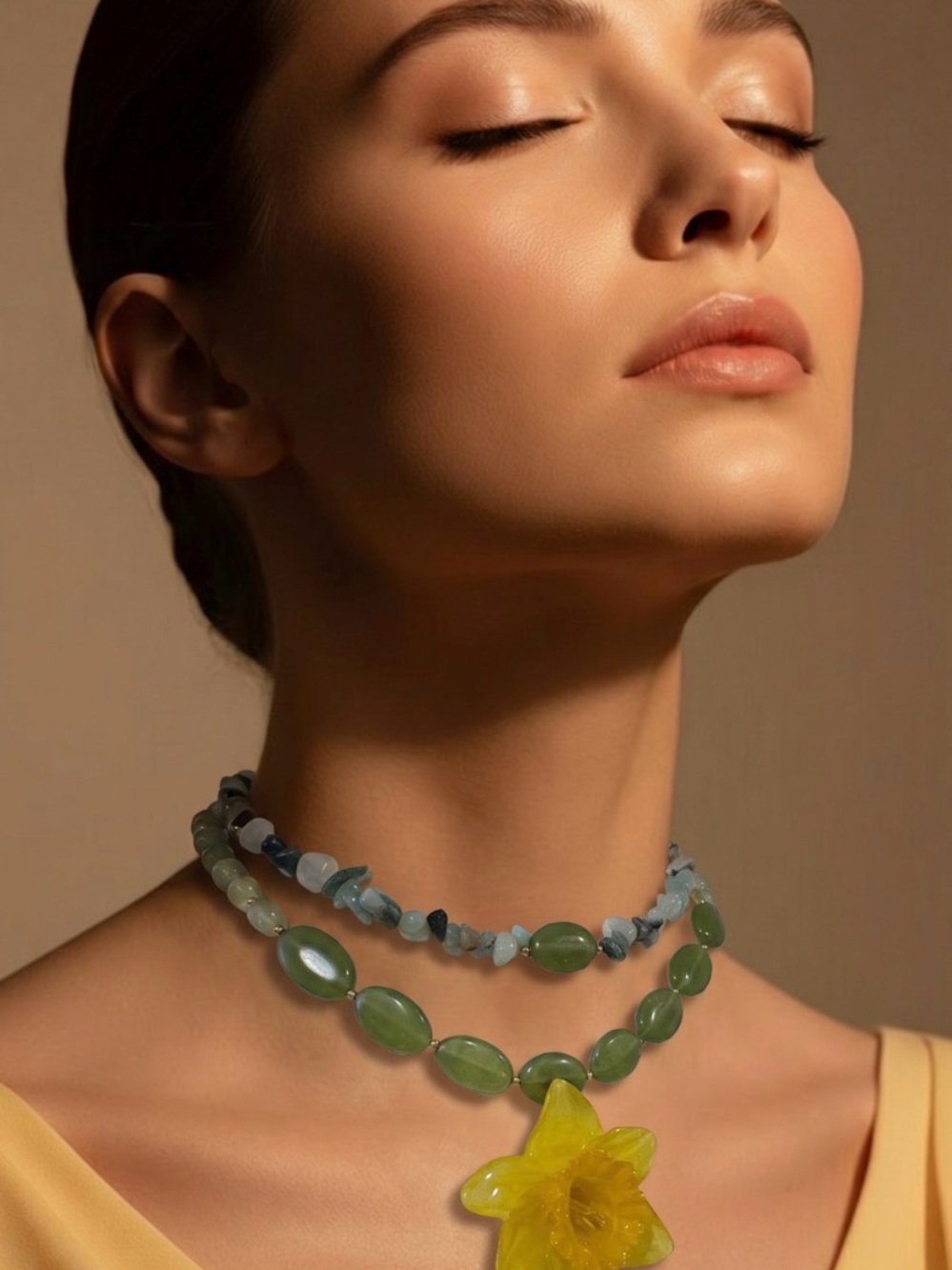 Handcrafted Green Bead Necklace with Yellow Flower Pendant